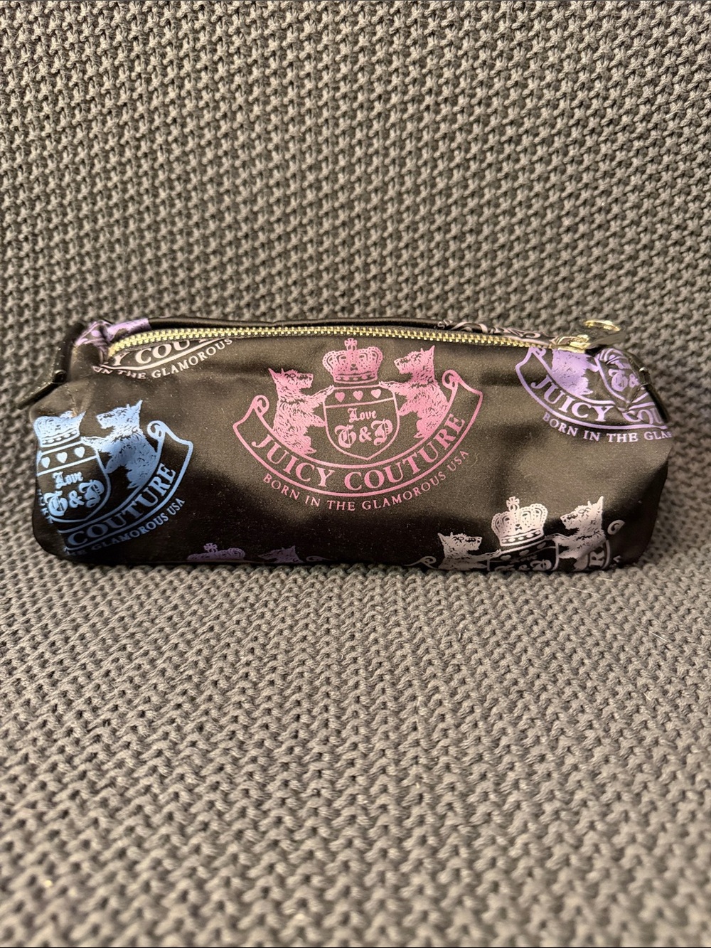 Juicy Couture Black Pouch with Pink, Purple & Blue Crest Print